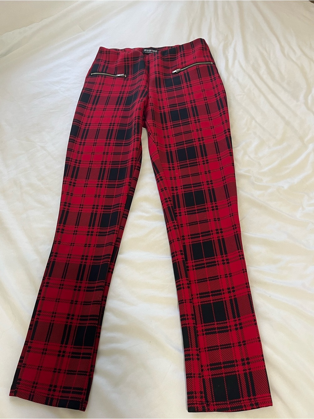 Fashion Nova Red & Black Plaid Straight Leg Pants with Zip Accents